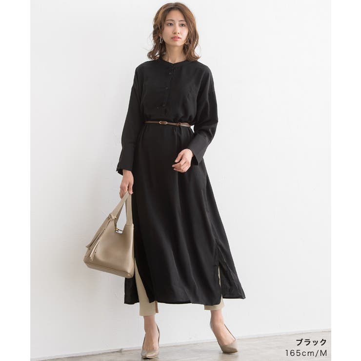 ノーカラーロングシャツワンピース ワンピース シャツワンピース