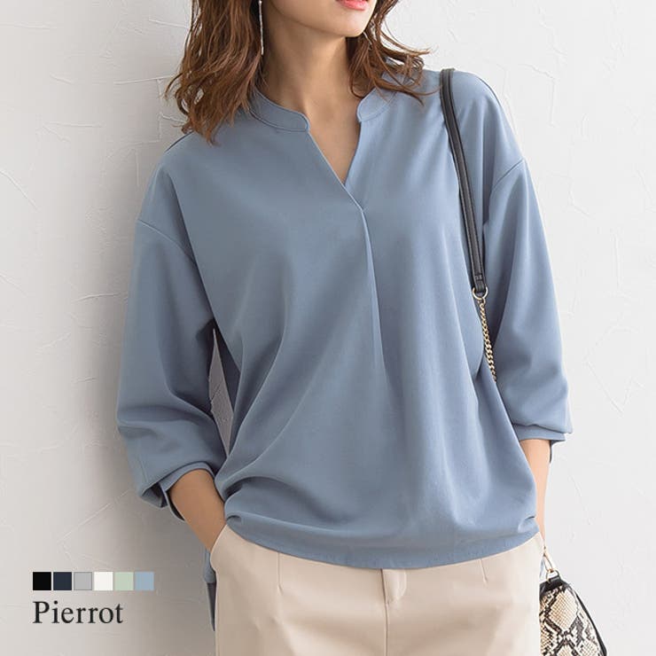 ノーカラーデザインTブラウス ブラウス シャツ カットソー 長袖 ノーカラー | Pierrot | 詳細画像1 
