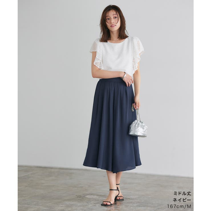 百合紋章　フレアパンツ 裏地付きシフォンタックフレアパンツ パンツ ボトムス フレア