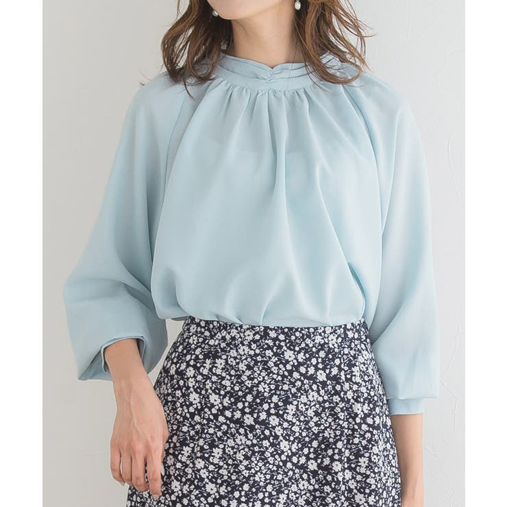ハイネックギャザーブラウス シャツ ブラウス ギャザー 長袖 ミント
