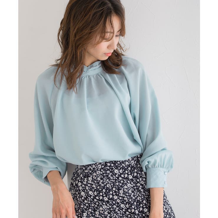 ハイネックギャザーブラウス シャツ ブラウス ギャザー 長袖 ミント