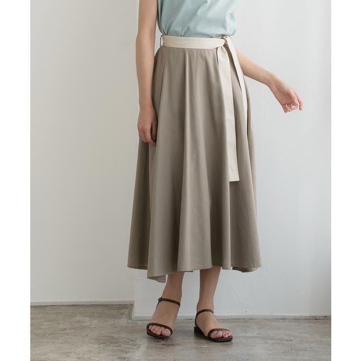 グレージュ | 麻混配色ベルトフレアスカート フレアスカート フレア ロング丈 ミモレ丈 膝下 | Pierrot