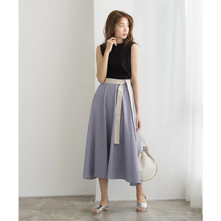 麻混配色ベルトフレアスカート フレアスカート フレア ロング丈 ミモレ丈 膝下 | Pierrot | 詳細画像3 