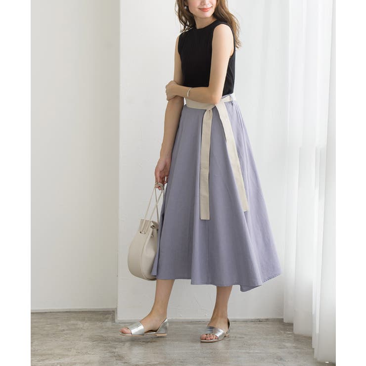 麻混配色ベルトフレアスカート フレアスカート フレア ロング丈 ミモレ丈 膝下 | Pierrot | 詳細画像4 