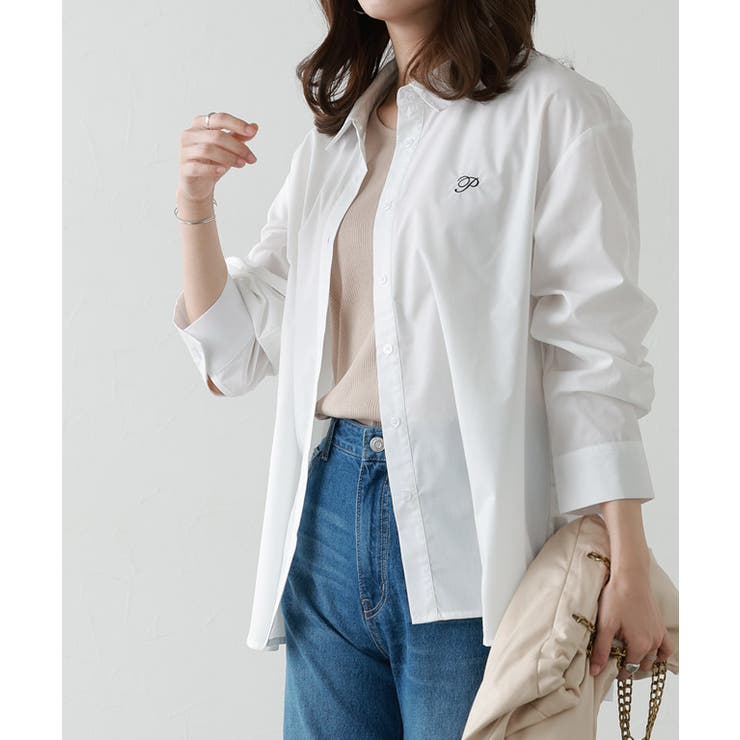 オフホワイト×ネイビー | 刺繍ロゴシャツ シャツ 刺繍 | Pierrot