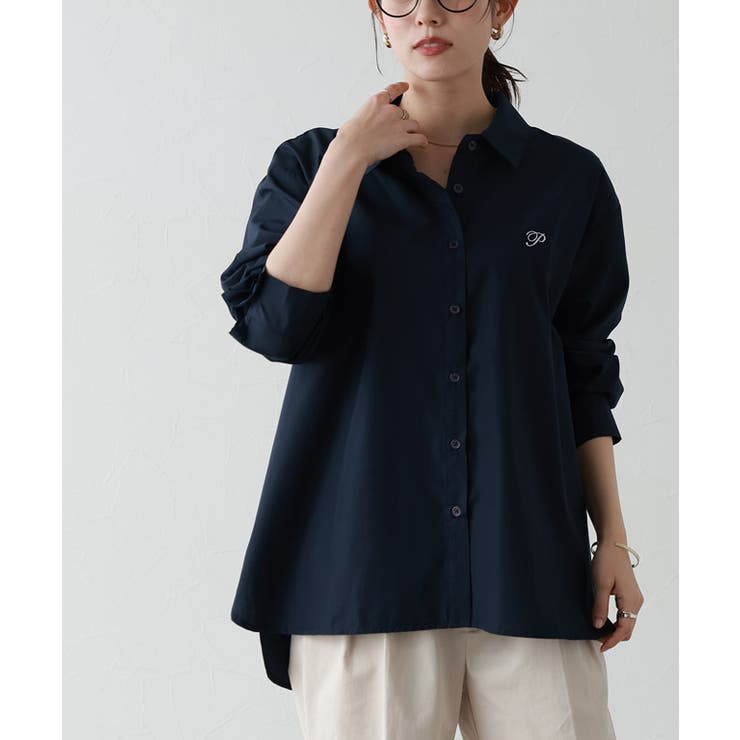 ネイビー×オフホワイト | 刺繍ロゴシャツ シャツ 刺繍 | Pierrot