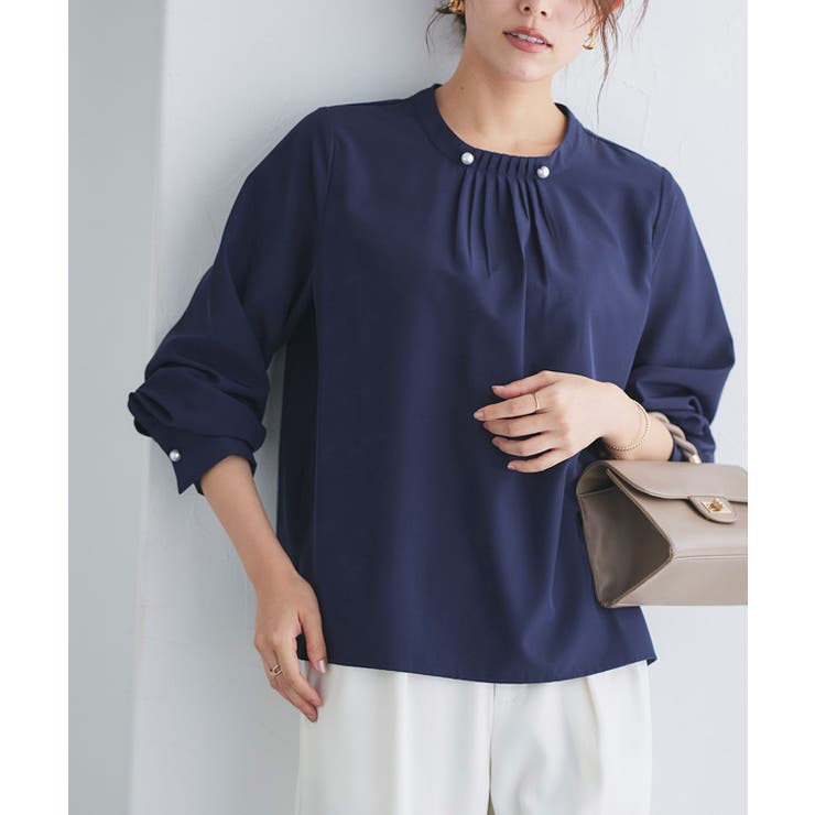 ネイビー | パールボタンタックブラウス ブラウス パールボタン | Pierrot