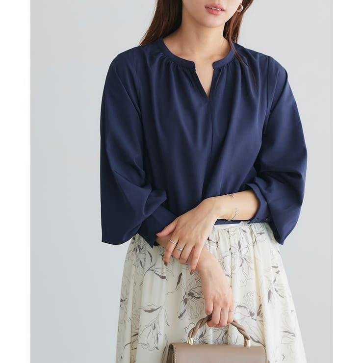 無地/ネイビー | 選べる柄2wayギャザーブラウス ブラウス ギャザー | Pierrot