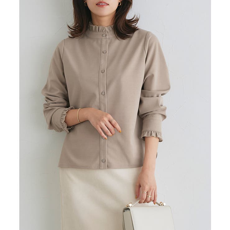 グレージュ | 裏微起毛フリルネックブラウス ブラウス 裏起毛 | Pierrot