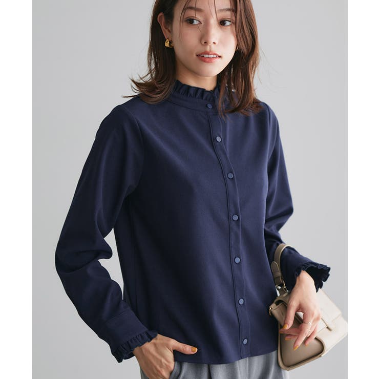 ネイビー | 裏微起毛フリルネックブラウス ブラウス 裏起毛 | Pierrot