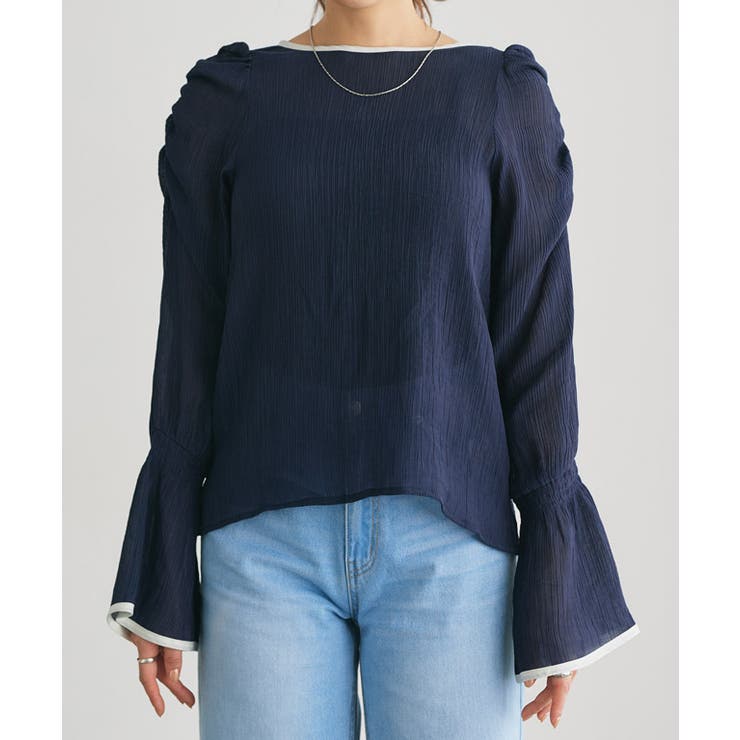 配色デザインシャーリングブラウス ブラウス サッカー素材 | Pierrot | 詳細画像8 