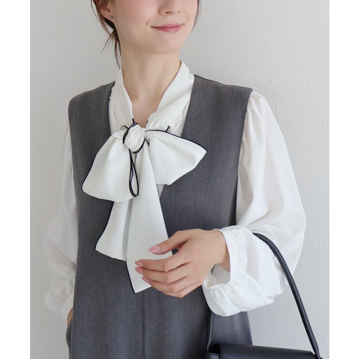 配色/オフホワイト×ブラック | 柄が選べる2wayリボンギャザーブラウス ブラウス 2way | Pierrot