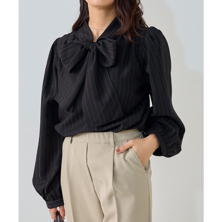 ラメストライプ/ブラック | 柄が選べる2wayリボンギャザーブラウス ブラウス 2way | Pierrot