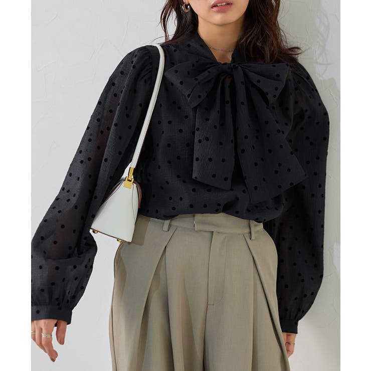 ドット/ブラック | 柄が選べる2wayリボンギャザーブラウス ブラウス 2way | Pierrot