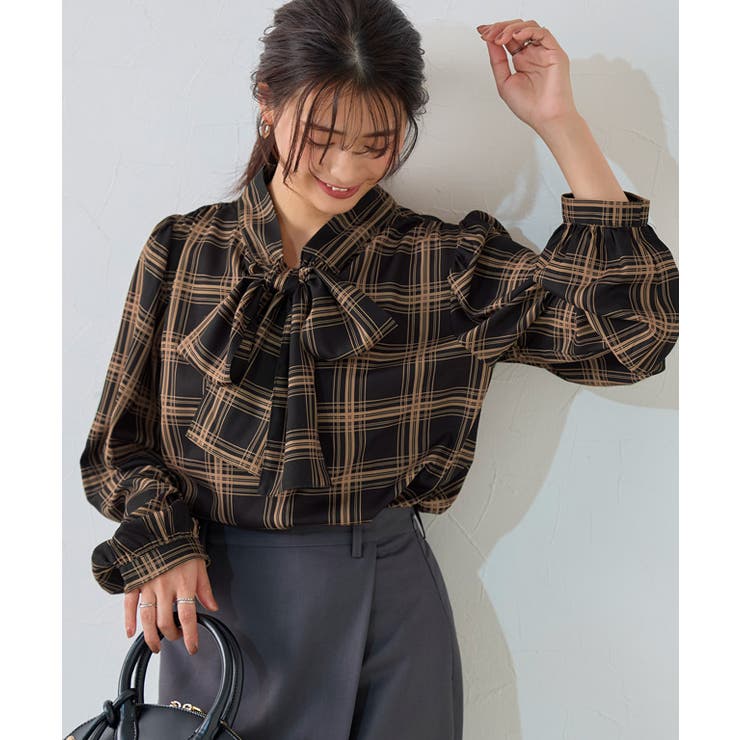 チェック/ブラック | 柄が選べる2wayリボンギャザーブラウス ブラウス 2way | Pierrot