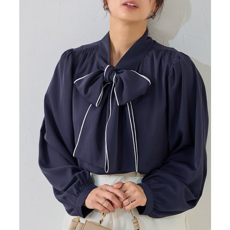 配色/ネイビー×オフホワイト | 柄が選べる2wayリボンギャザーブラウス ブラウス 2way | Pierrot