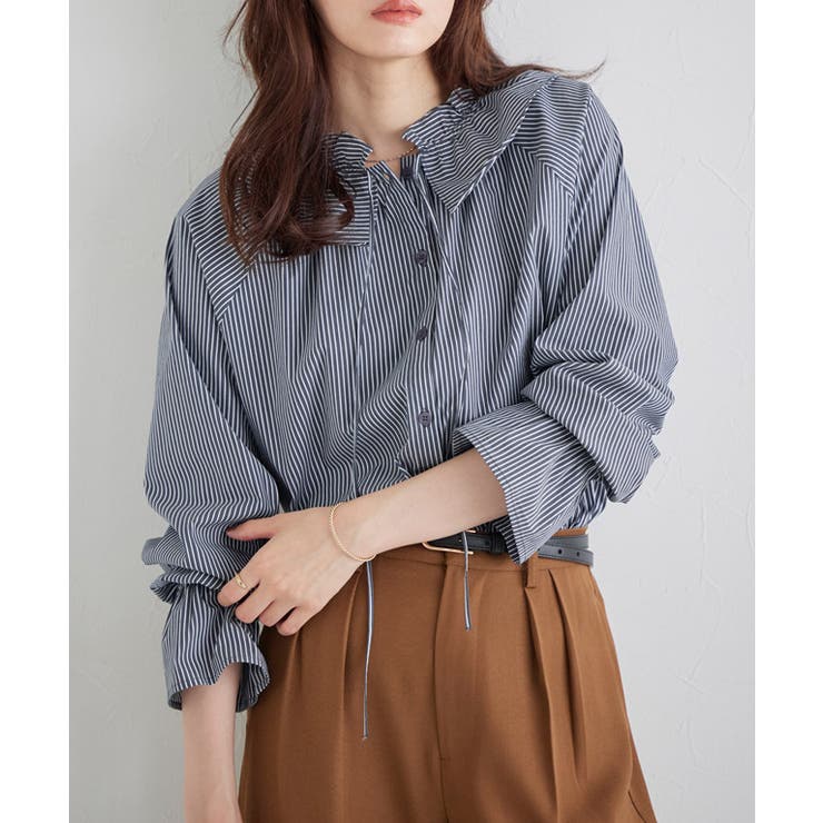 ストライプ/インディゴ | フリルカラーキャンディスリーブブラウス ブラウス キャンディスリーブ | Pierrot