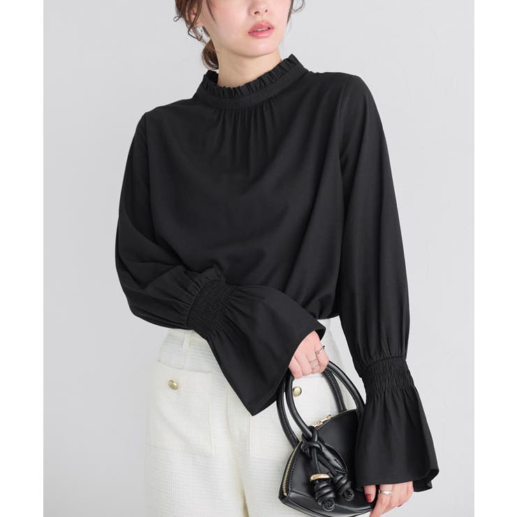 ブラック | フリル襟シャーリングブラウス ブラウス シャーリング | Pierrot