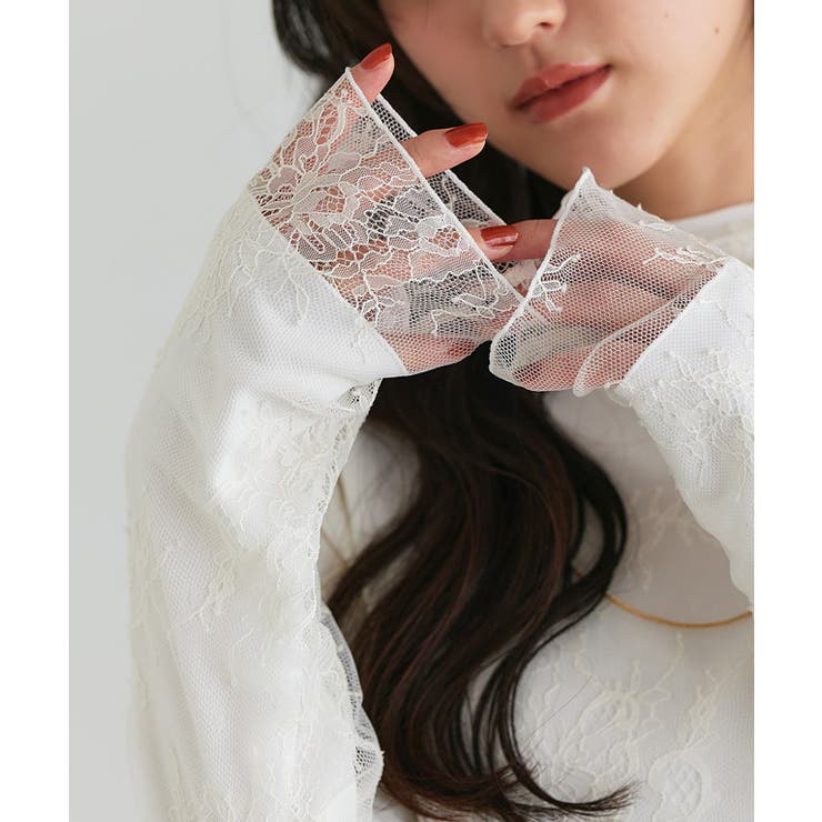 レース/アイボリー | 選べる柄チュールハイネックカットソー カットソー 起毛裏地 | Pierrot