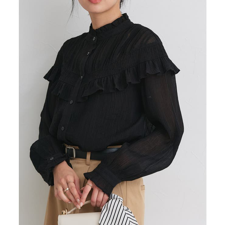 ブラック | フリルシャーリングブラウス 大人 フェミニン | Pierrot