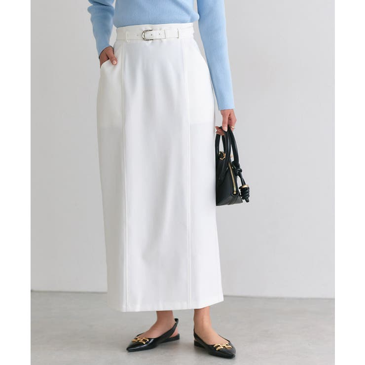 オフホワイト | ベルテッドストレッチIラインスカート ストレッチ性 ストレスフリー | Pierrot