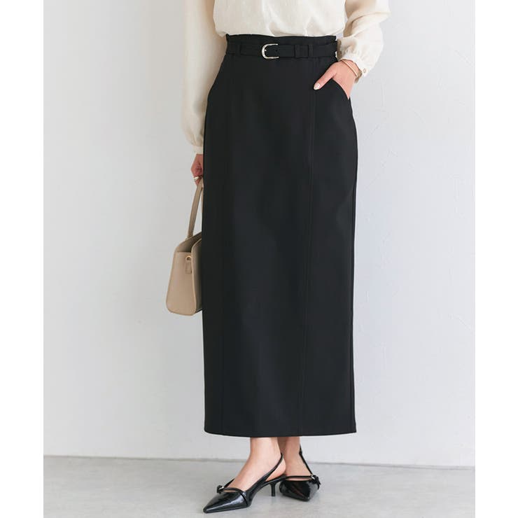 ブラック | ベルテッドストレッチIラインスカート ストレッチ性 ストレスフリー | Pierrot