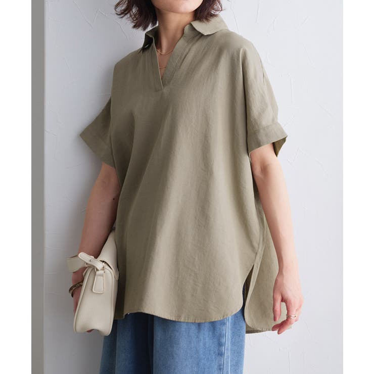 モカベージュ | 綿混スキッパーオーバーブラウス リネン 暑い | Pierrot