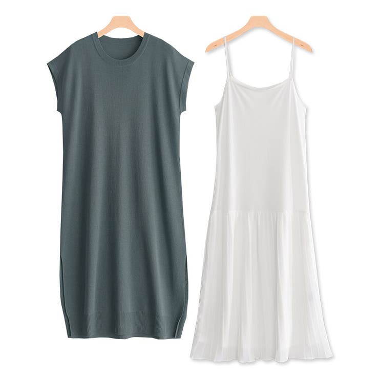 チャコール | プリーツインナーセットロングニット ニット ロングニット ロング インナー付き | Pierrot