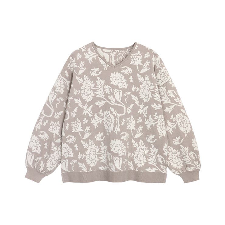 グレージュ | フラワージャカードVネックニット ニット Vネック | Pierrot
