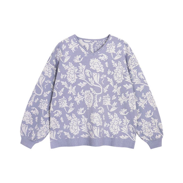 スモークブルー | フラワージャカードVネックニット ニット Vネック | Pierrot