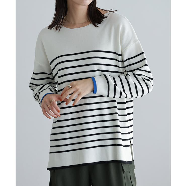 バイカラーリブボーダーニット ニット ボーダー[品番：PRTW0004421