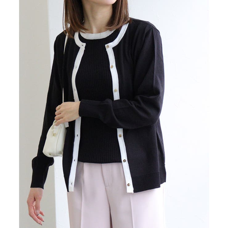 配色/ブラック | ゴールドボタンアンサンブルニット 春 アンサンブルニット | Pierrot