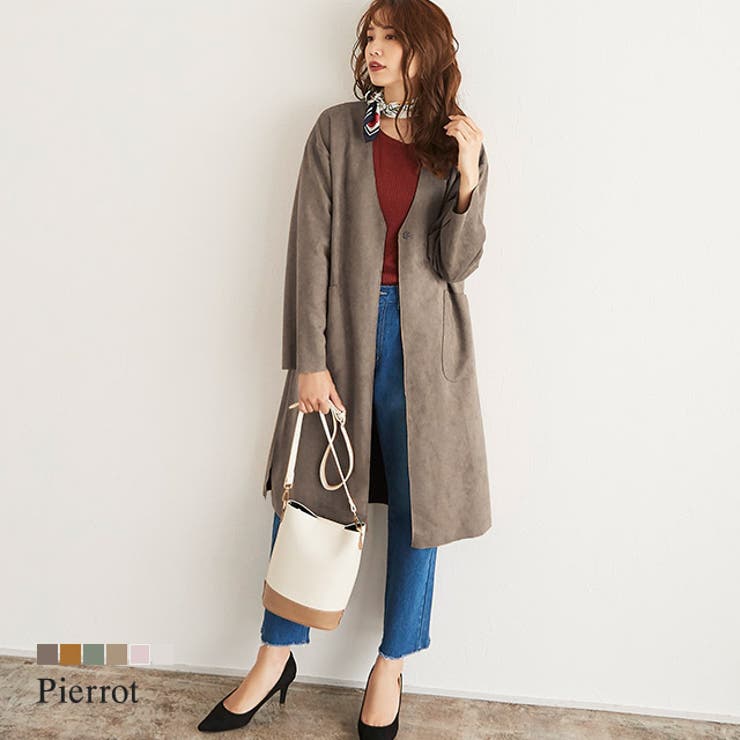 フェイクスエード Vネックコート ロングアウター ロングコート アウター [品番：PRTW0000974]｜pierrot（ピエロ）のレディースファッション通販｜SHOPLIST（ショップリスト）