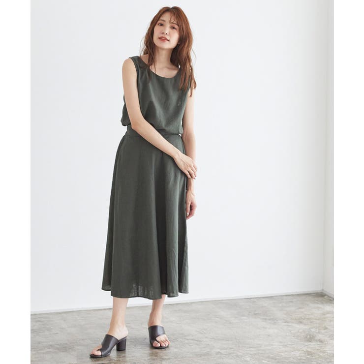 綿麻フレアスカートセットアップ ノースリーブ タンク タンク