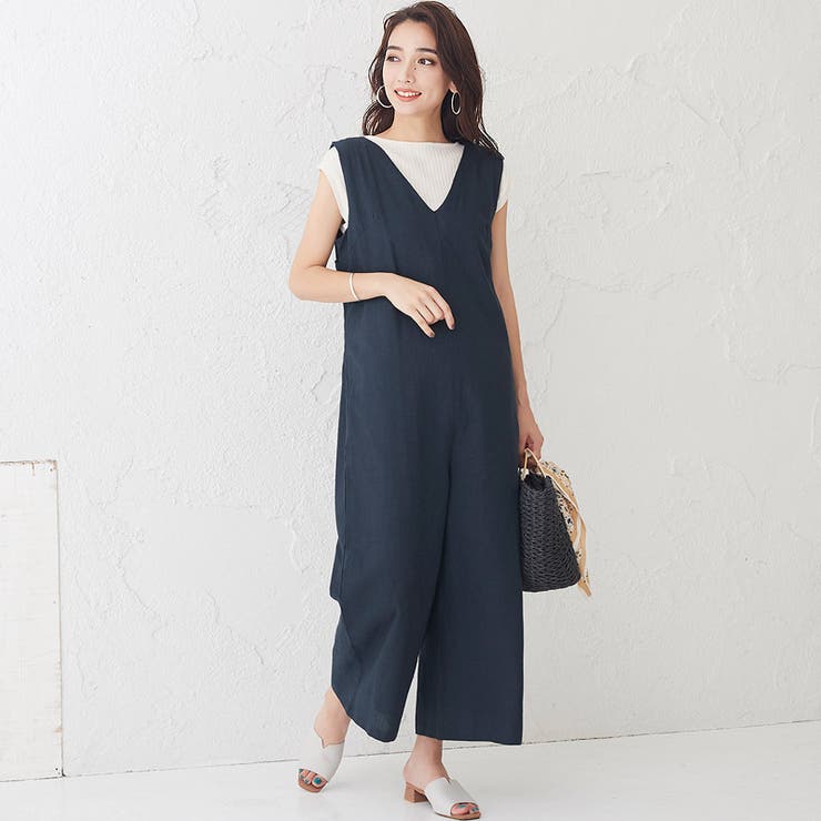 ネイビー | バックリボン 綿麻 オールインワンバックリボン 綿 麻 綿麻 洗濯 洗える | Pierrot