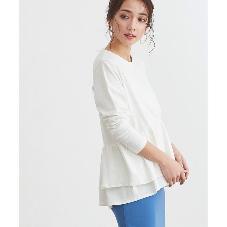 オフホワイト | フリルデザインTシャツ Tシャツ カットソー 長袖 バックフレア フリル 長袖 | Pierrot