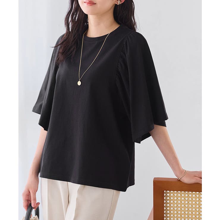 ブラック | ギャザースリーブTシャツ Tシャツ カットソー | Pierrot