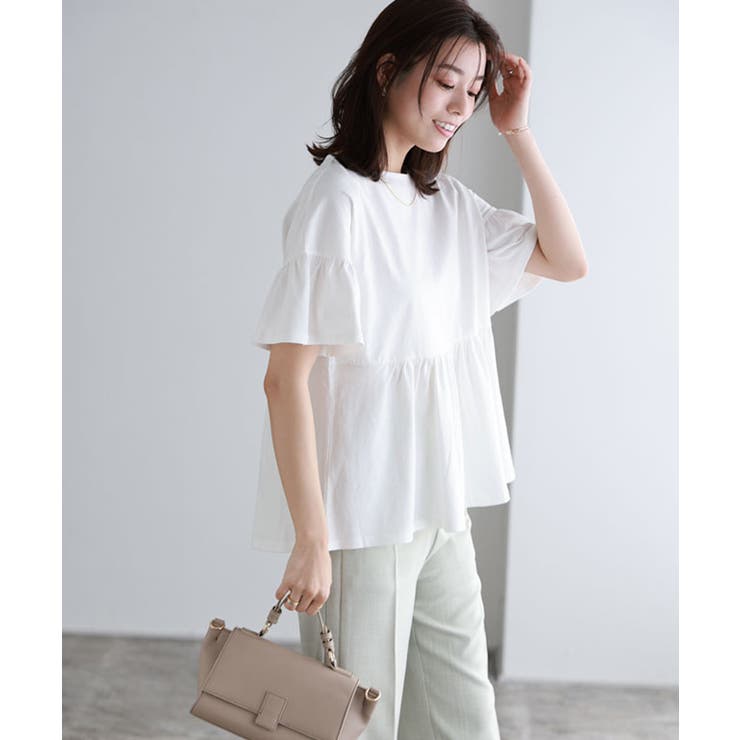 オフホワイト | 綿100％ ギャザーフリルスリーブTシャツ Tシャツ | Pierrot