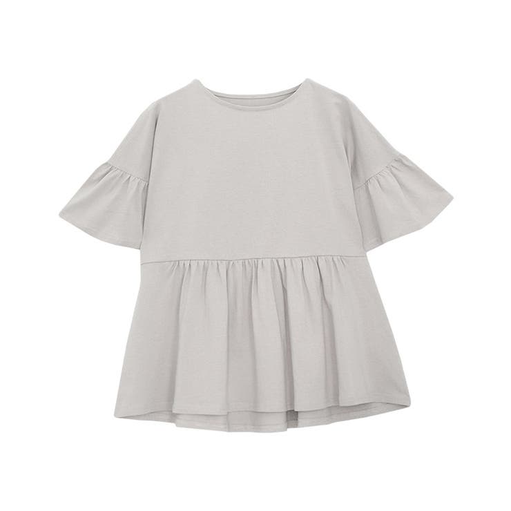 グレージュ | 綿100％ ギャザーフリルスリーブTシャツ Tシャツ | Pierrot