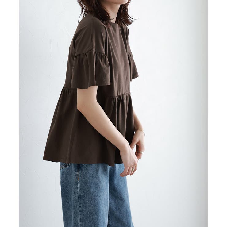 ブラウン | 綿100％ ギャザーフリルスリーブTシャツ Tシャツ | Pierrot
