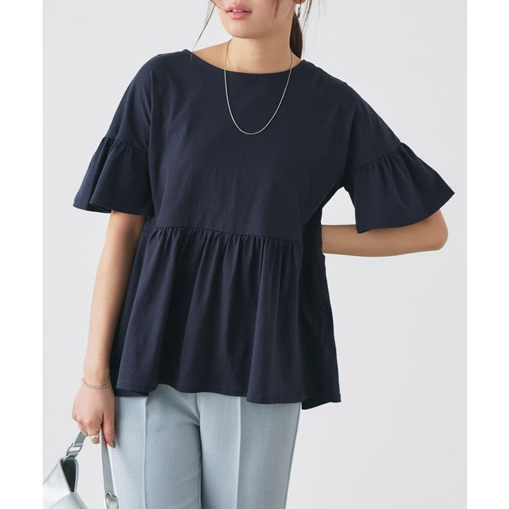 ネイビー | 綿100％ ギャザーフリルスリーブTシャツ Tシャツ | Pierrot