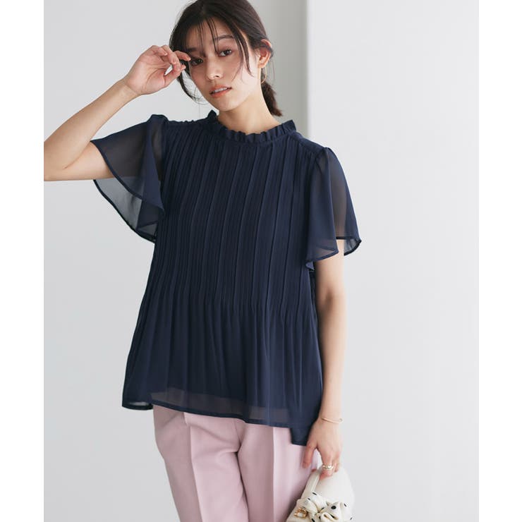 ネイビー | フレアスリーブプリーツブラウス ブラウス シフォン | Pierrot