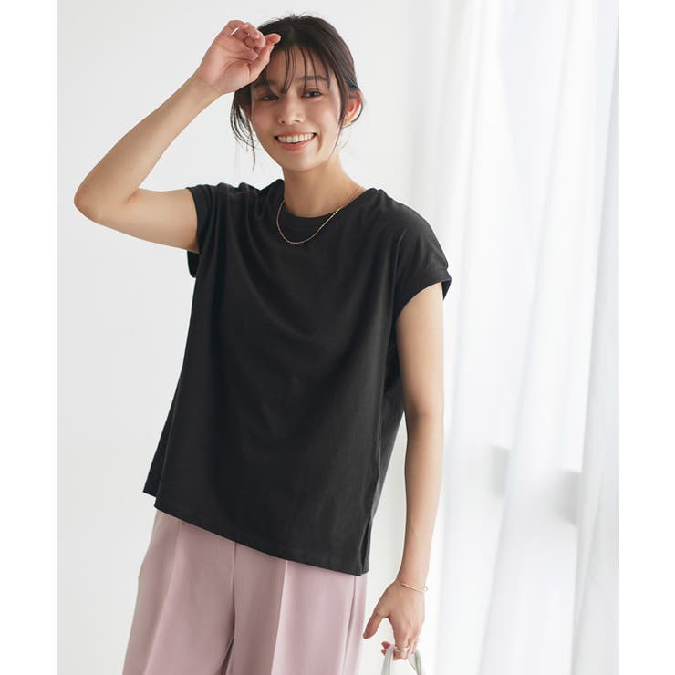 ブラック | ネックが選べる綿100%フレンチスリーブベーシックTシャツ Ｔシャツ フレンチ | Pierrot