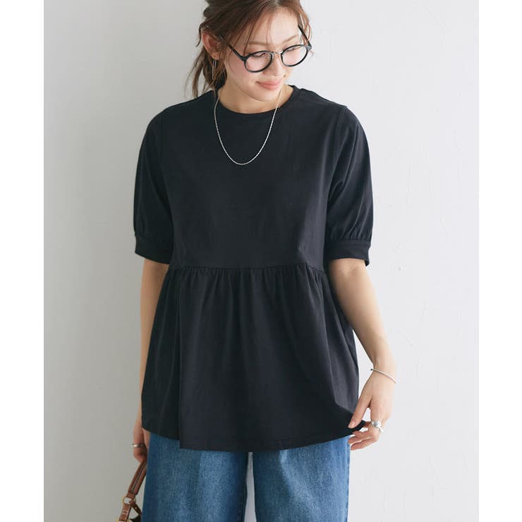 ブラック | パフフレアTシャツ Tシャツ 綿100％ | Pierrot