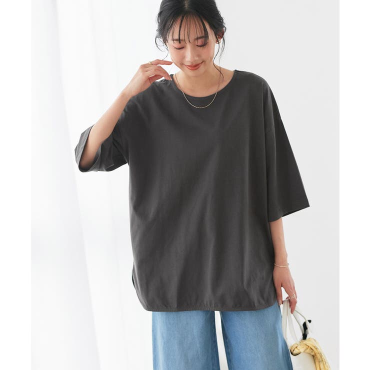 チャコール | 綿100%ラウンドヘムチュニックTシャツ 大人 雰囲気 | Pierrot