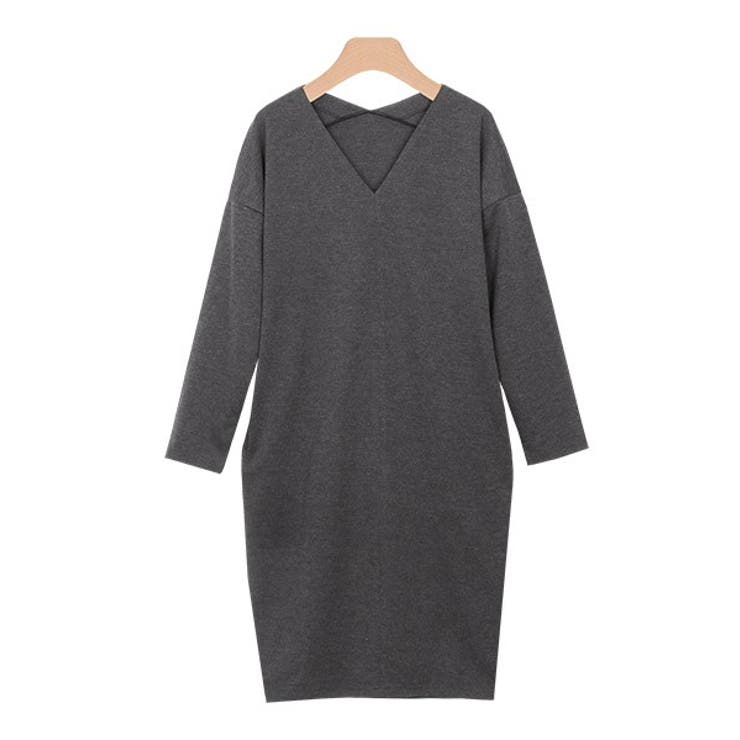 杢チャコール | ポンチ素材長袖Vネックワンピース ワンピース ドロップショルダー Vネック | Pierrot