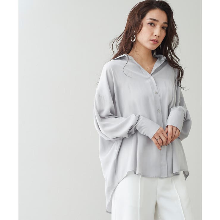 シルバーグレー | マットサテンオーバーサイズシャツ シャツ ブラウス サテン 長袖 ボリューム | Pierrot