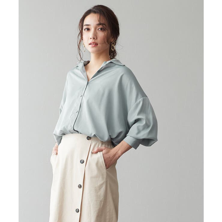 スモークブルー | マットサテンオーバーサイズシャツ シャツ ブラウス サテン 長袖 ボリューム | Pierrot