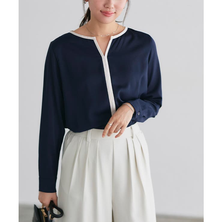 ネイビー | 配色キーネックブラウス ブラウス 配色ブラウス | Pierrot