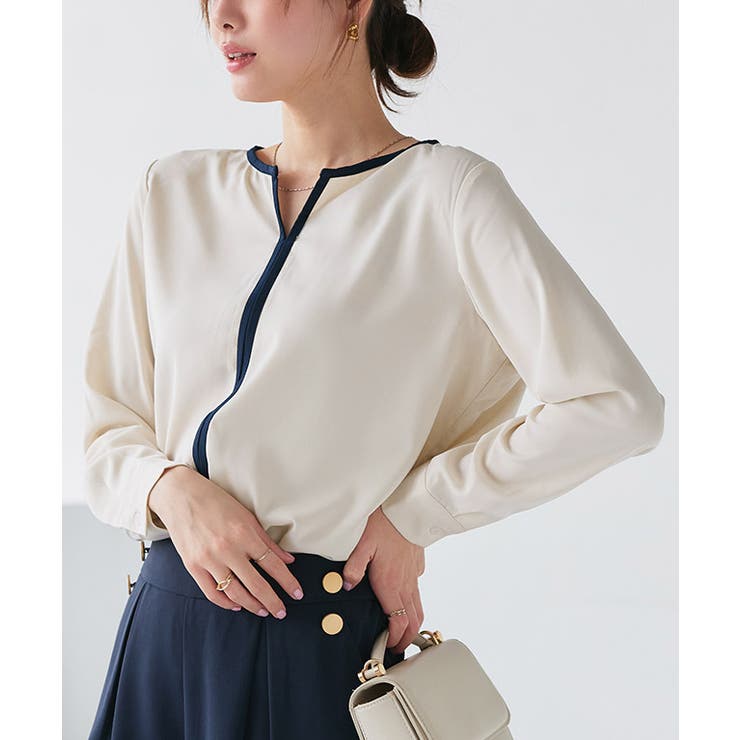 アイボリー×ネイビー | 配色キーネックブラウス ブラウス 配色ブラウス | Pierrot